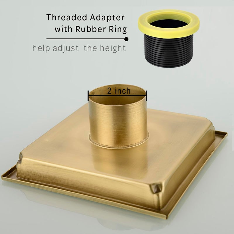 Orhemus 6 inch Stainless Steel Square Shower Floor Drain with Threaded Adapter, Removable Cover Grid Grate, Brushed Gold Brass Finished - Image 3